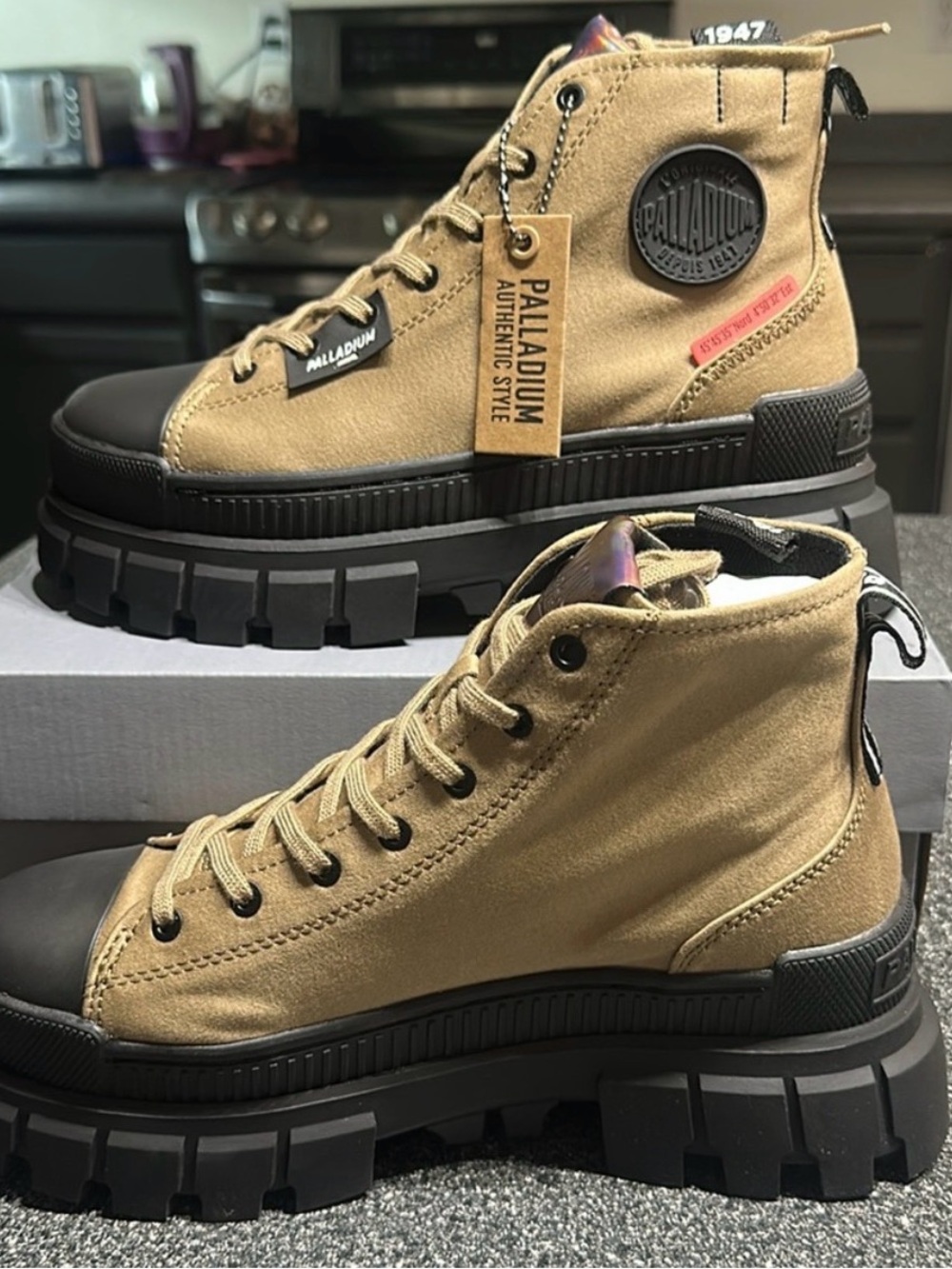 Palladium Tan Canvas Lug-Sole High Top Boots with Black Accents